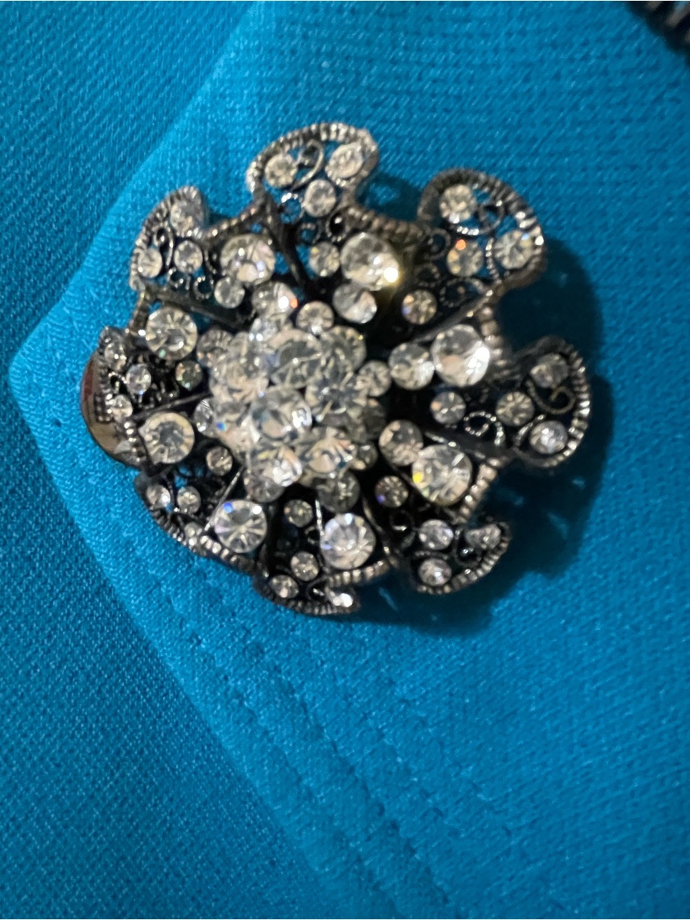 Vintage Crystal Flower Brooch Pin - Clear Rhinestone Accent,  2” Dia.